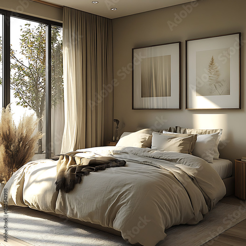 Relaxing interior shot of bedroom in subdued hues, sunlight through drapes, and symmetrical wall frames 