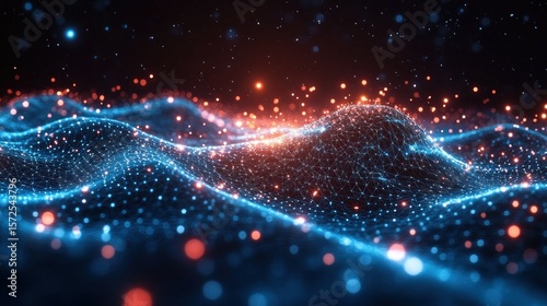 Glowing particle waves flow in digital space
