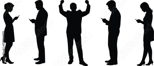 Silhouettes of business people using smartphones, technology addiction concept, one man celebrating, modern communication, digital era lifestyle, mobile phone dependency, isolated on white background