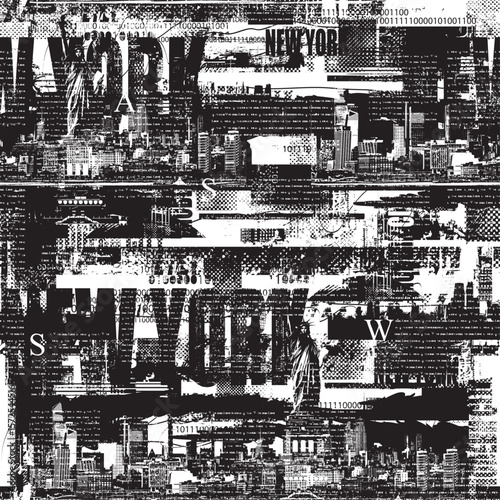 Seamless pattern with city theme with Statue of Liberty in New York with city architecture and newspaper clippings in grunge style. Wallpaper, fabric, textile, wrapping paper, t-shirt design, tile