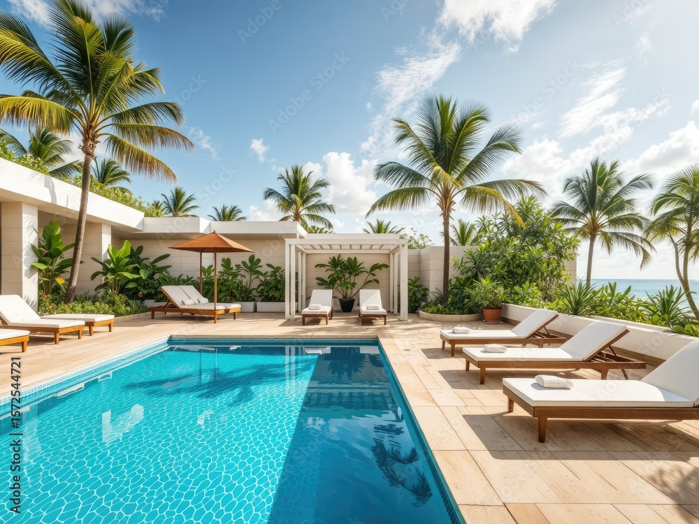 Fototapeta premium Tropical Resort Patio with Sun Loungers and Shade