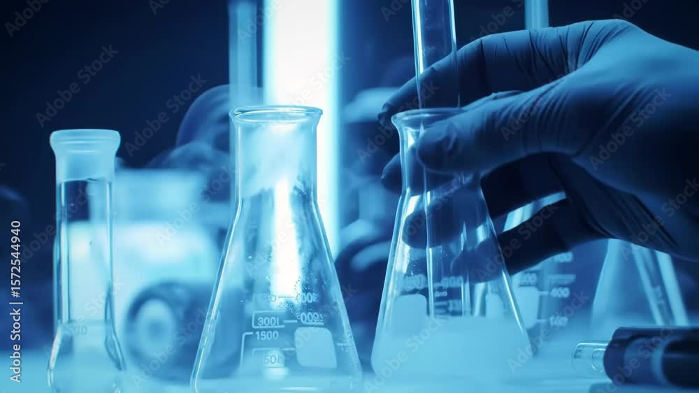 Blue Toned Lab Experiment. An image of hands performing an experiment with laboratory glassware, with a blue color cast and some vapor or smoke visible.