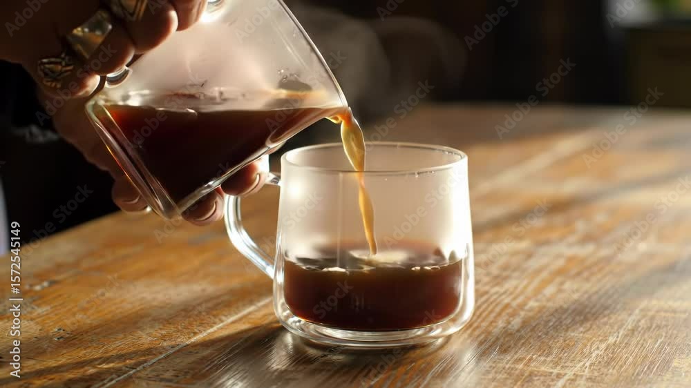  Pouring Freshly Brewed Coffee Into Glass Mug. A close-up shot showing hands pouring steaming hot, freshly brewed coffee from a glass carafe into a clear glass mug. 