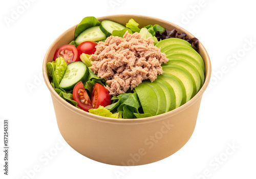 bol en carton de salade aux miettes de thon et avocat	