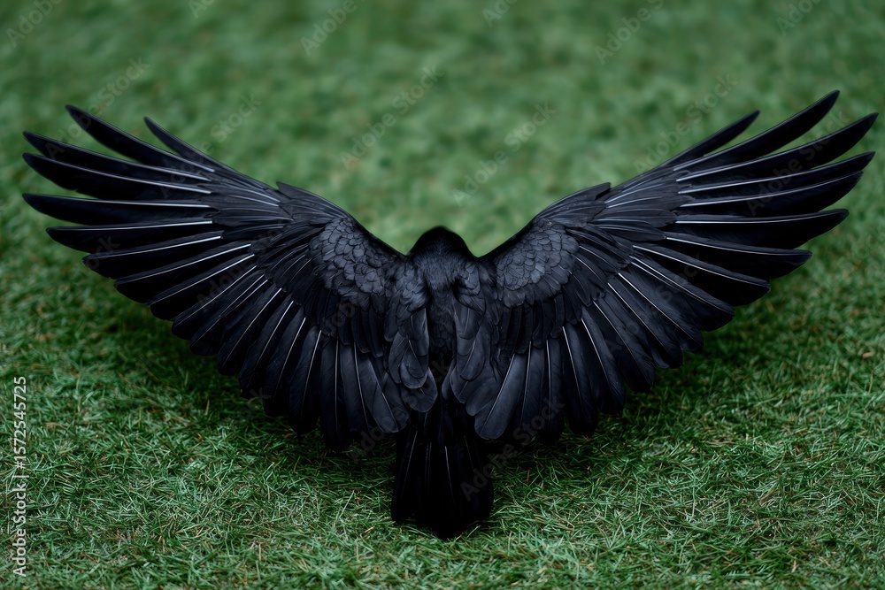 Naklejka premium A raven lying on green grass with spread wings