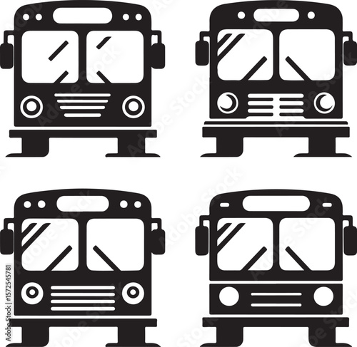 Four Unique School Bus Illustrations Black and White Vector Designs