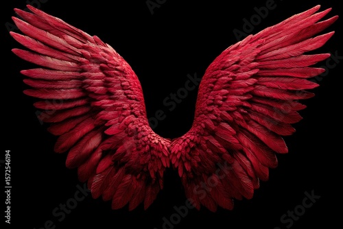 Vivid red feathered wings span against a black background detailed texture visible