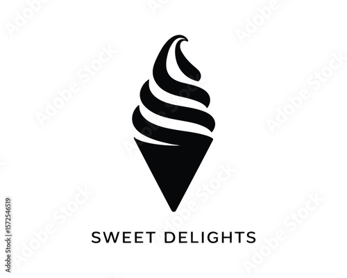 Modern Ice Cream Icon – Simple Black and White Vector Design with Clean Spiral Swirl
