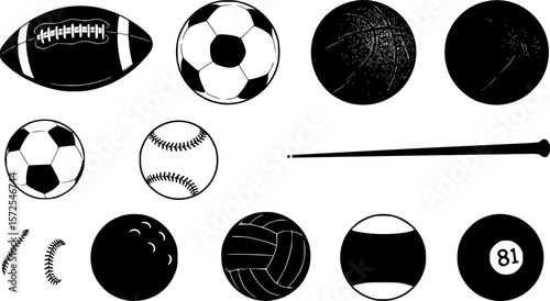 a variety of black and white balls, football, soccer ball, basketball, tennis, bowling, baseball, volleyball, billiards