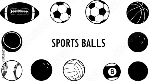 a variety of black and white balls, football, soccer ball, basketball, tennis, bowling, baseball, volleyball, billiards