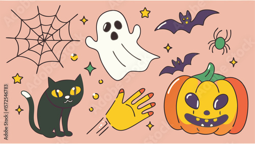 A spooky set of Halloween pumpkin vector illustrations featuring bats, ghosts, and witch hats for a scary autumn night