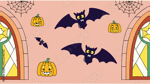 Vector cartoon Halloween card set with spooky pumpkin, bats, and black cat illustration