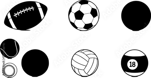 a variety of black and white balls, football, soccer ball, basketball, tennis, bowling, baseball, volleyball, billiards