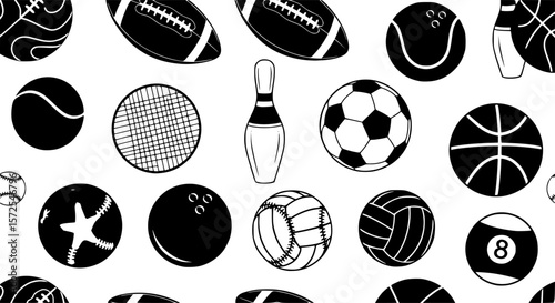 a variety of black and white balls, football, soccer ball, basketball, tennis, bowling, baseball, volleyball, billiards