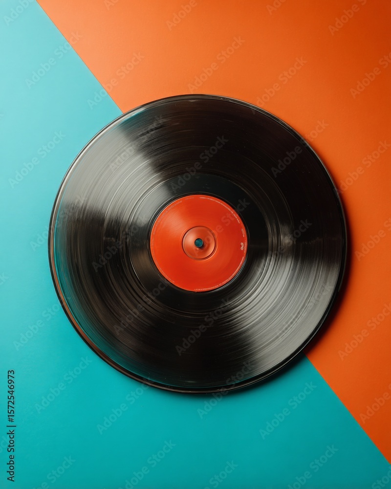 Obraz premium A vinyl record with a red label is placed on a split orange and blue background.