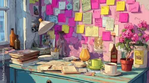 Sunlit Artistic Workspace with Colorful Notes and Supplies