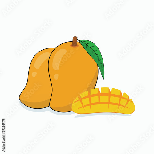 Fresh mango whole and slice with leaves vector illustration 