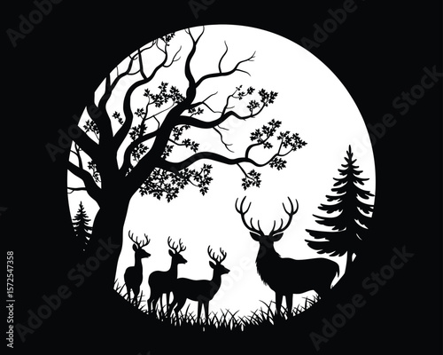 Black Silhouette of Deer Family in Forest – Nature Scene with Oak Tree and Evergreen Background