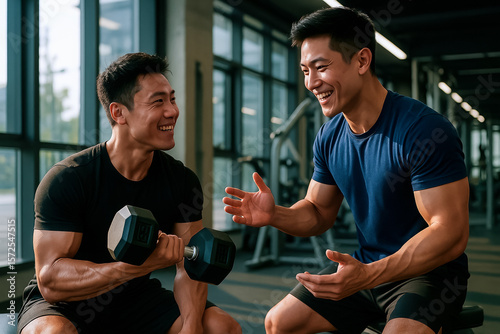 Two asian men training together in gym with free weights, friendly communication of young men, modern gym and fitness concept for maintaining health and physical fitness