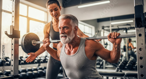Poster with elderly bearded man doing squats with barbell under supervision of personal trainer in gym, barbell on shoulders of adult man, concept of training in old age and maintaining muscle tone