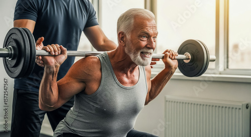 Elderly man doing squats with a barbell with a personal trainer in the gym, barbell on the shoulders of an adult man, concept of training in old age and maintaining muscle tone