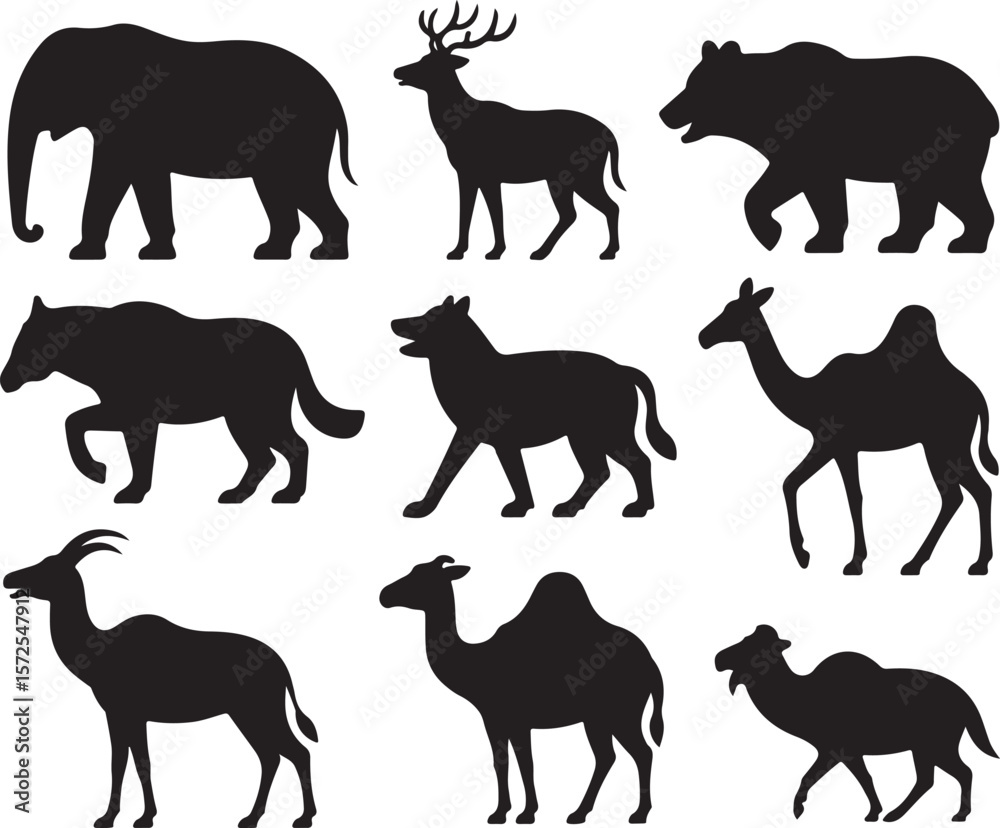 Fototapeta premium Black Silhouettes of Elephant Deer Bear Wolf Camel Antelope and Other Animals on White Background