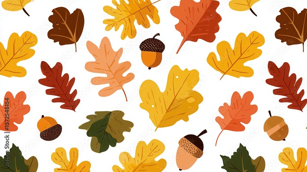 Obraz premium seamless pattern of autumn leaves, acorns, pumpkins, mushrooms, warm orange and yellow tones
