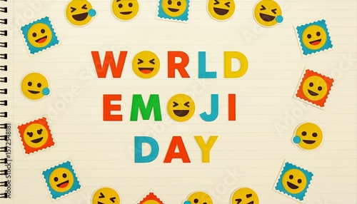 Spiral Notebook with Colorful Emoji Stickers and World Emoticon Day Text