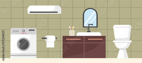 Toilet illustration. Home bathroom. Lavatory room. WC. Hotel restroom. Paper toilet. Laundry room. Washing machine.