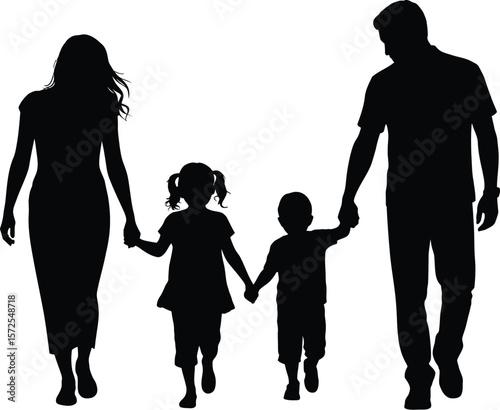 Family Bond Silhouette Illustration – Simple Walking Pose with Flowing Outfits and Coordinated Movement