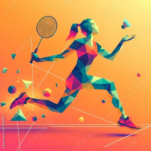 Fototapeta Naklejka Na Ścianę i Meble -  Wallpaper of a geometric woman playing badminton.