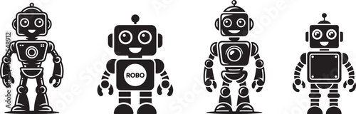 Four Black and White Robot Illustrations with Various Body Shapes and Facial Expressions on White Background