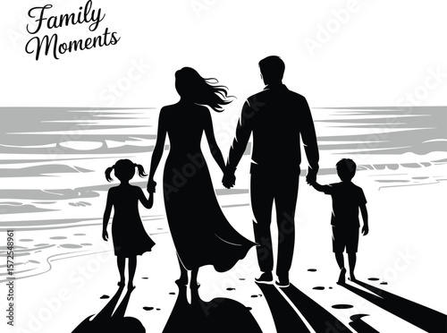 Family Walking Silhouette – Black Vector Illustration of Parents with Two Children on White Background