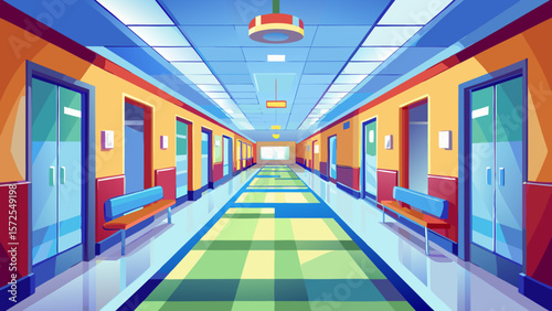 Long hospital bright corridor with rooms and seats 3D rendering