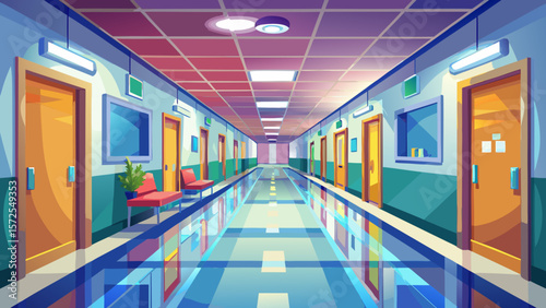 Long hospital bright corridor with rooms and seats 3D rendering