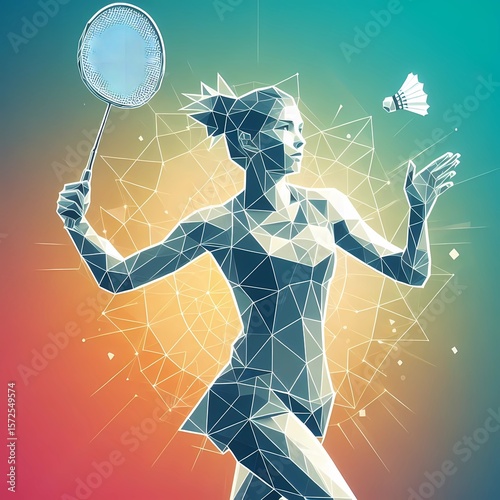 Wallpaper of a geometric woman playing badminton.