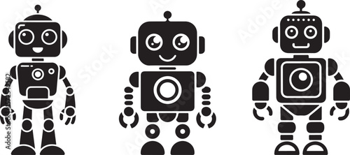 Three Black Robot Illustrations with Different Designs and Expressions on White Background