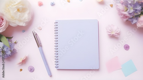 Delicate floral arrangement with blank notebook and pen offers a serene backdrop for journaling or creative writing.