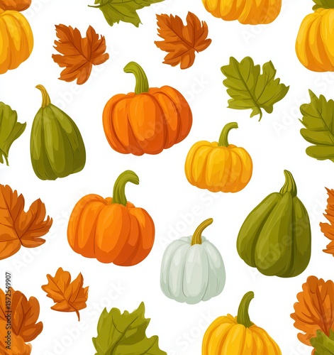 seamless pattern of autumn leaves, acorns, pumpkins, mushrooms, warm orange and yellow tones
