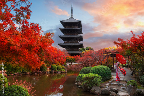 Japanese Woman in Traditional Kimono Dress at Toji Temple in Kyoto, Japan with beautiful garden and autumn foliage