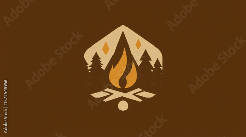 Minimalist camping logo with a tent, trees, and a campfire flame.