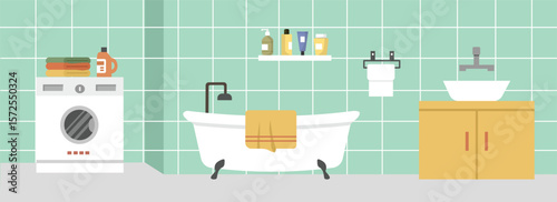 Take a bath facilities. Hanging towel. Washing machine. Modern bathroom. WC. Toilet room. Rest room. Shower time. Modern bathtub