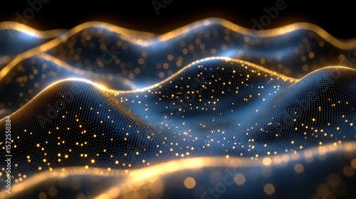 Golden particles flowing on dark blue digital landscape