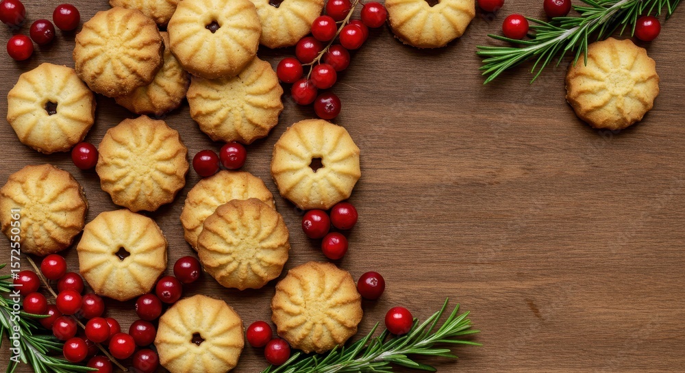 Fototapeta premium Freshly Baked Cookies with Berries and Sprigs on Wooden Surface for Festive Holiday Treats