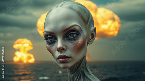 Woman at sunset by the ocean, with vibrant colors and a serene, dramatic atmosphere.