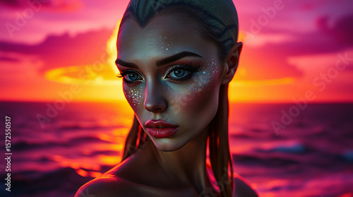Woman at sunset by the ocean, with vibrant colors and a serene, dramatic atmosphere.