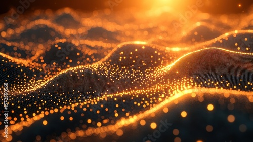 Golden particles forming wavy landscape.  Abstract digital art, illuminated by warm light