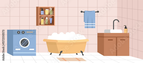 Shower bubble in the bathtub. Soap shelf. Washing machine for laundry clothes. Doormat. Bathroom interior. Toilet cabinet.