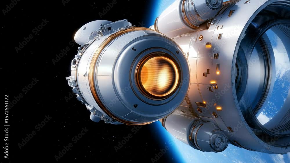 Advanced spaceship orbiting earth, showcasing futuristic design and glowing engine