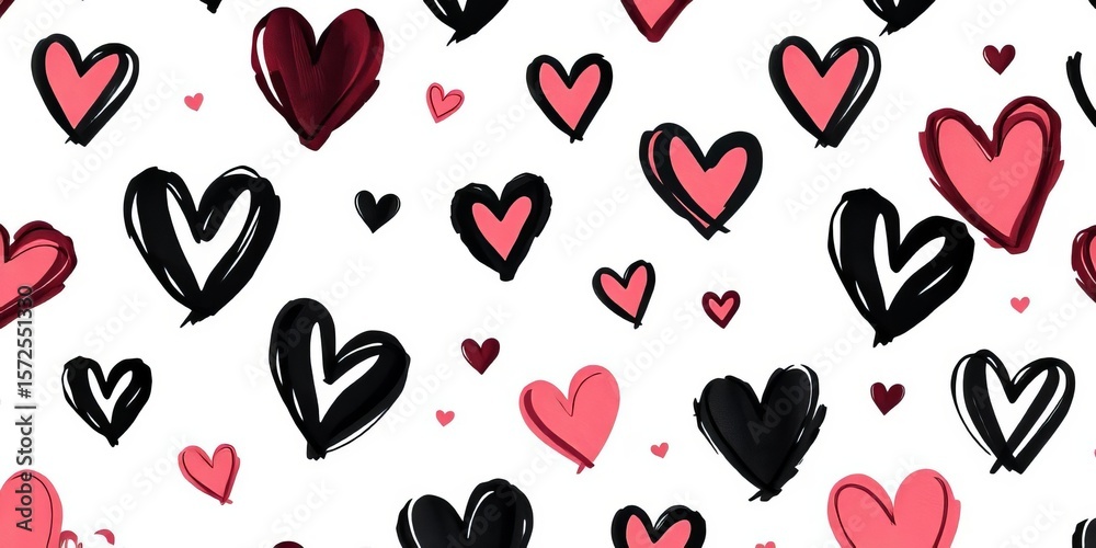 Black ink brushstroke hearts seamless pattern  Vector illustration, hand-drawn ornament, love symbol,  minimalist,  hearts